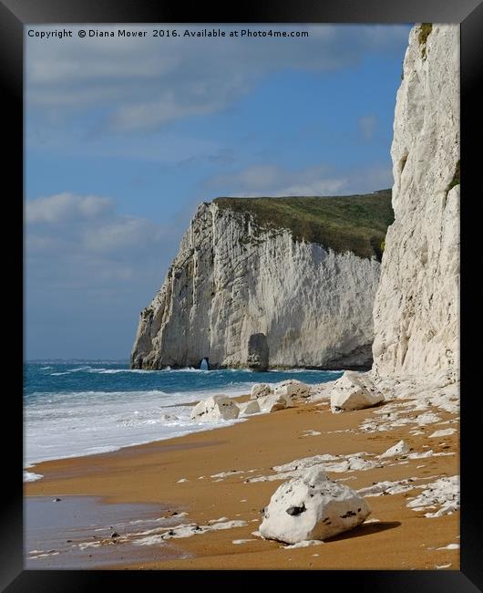 Durdle Door beach and  cliffs Framed Print by Diana Mower