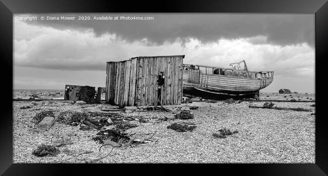 Stormy Dungeness Kent monochrome Framed Print by Diana Mower