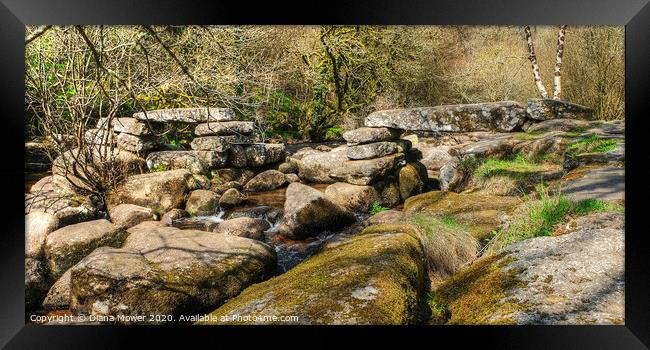 Ancient Bridge remains at Dartmeet Framed Print by Diana Mower