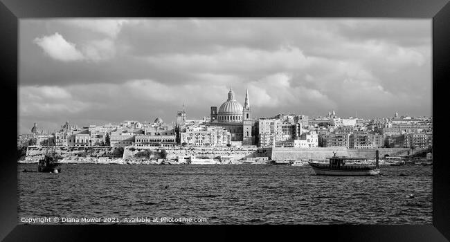 Valletta Skyline Malta Monochrome   Framed Print by Diana Mower