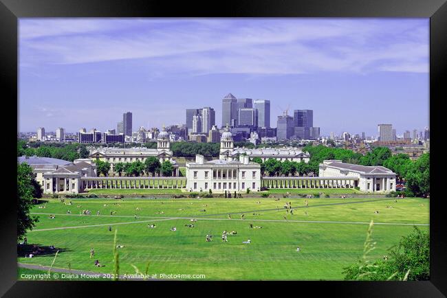 Greenwich and London clty Skyline Framed Print by Diana Mower