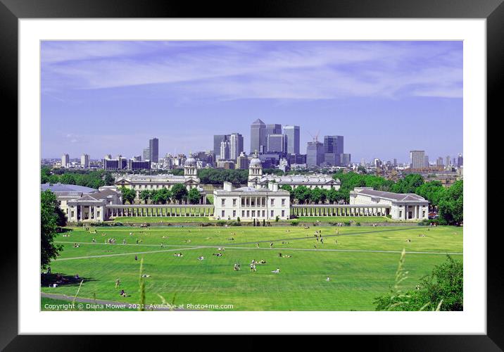 Greenwich and London clty Skyline Framed Mounted Print by Diana Mower