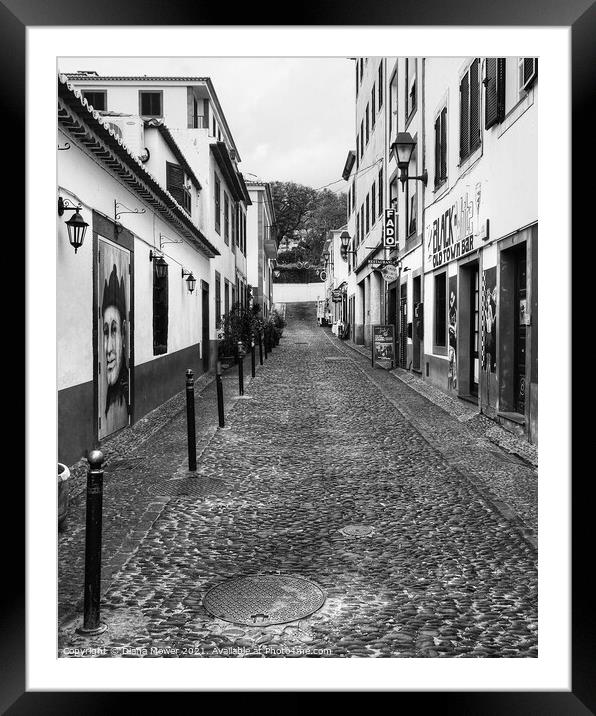 Funchal Back Street in Monochrome Framed Mounted Print by Diana Mower