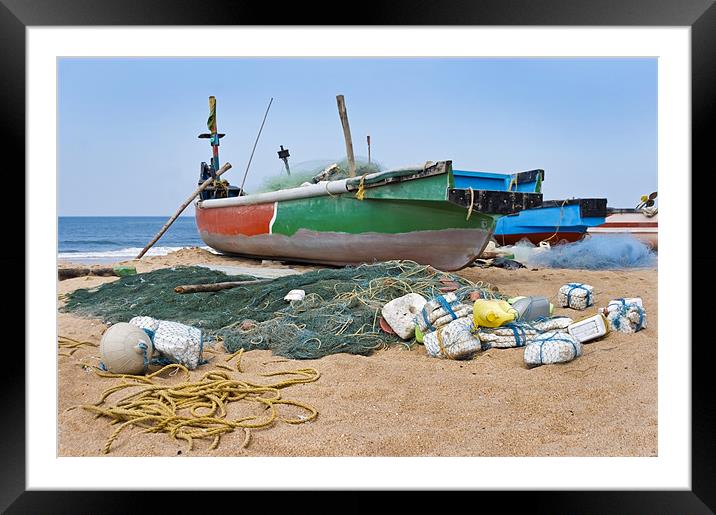 Fishermans boats moored Calangute Beach Goa Framed Mounted Print by Arfabita  