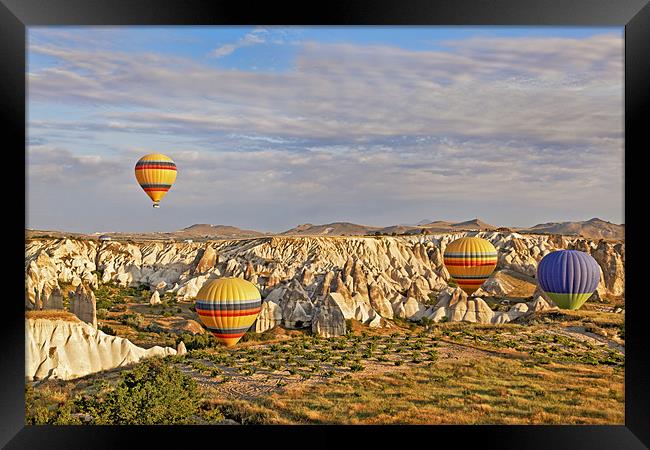 Balloons drifting through Cappadocia gorge Framed Print by Arfabita  