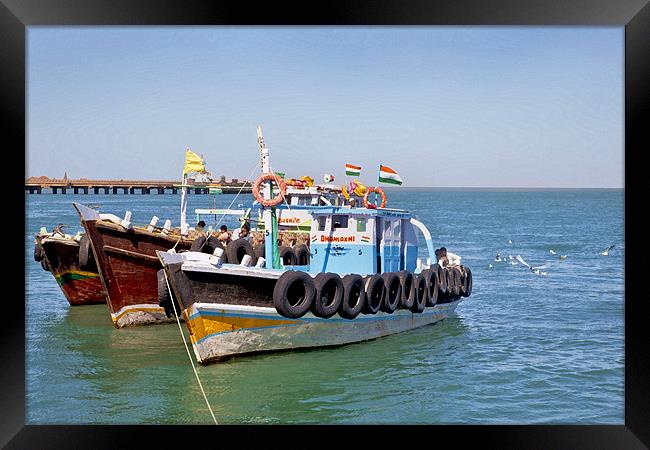 At Bet Dwarka Pier Gulls think Fishing Boats Framed Print by Arfabita  