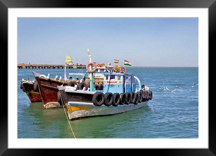 At Bet Dwarka Pier Gulls think Fishing Boats Framed Mounted Print by Arfabita  