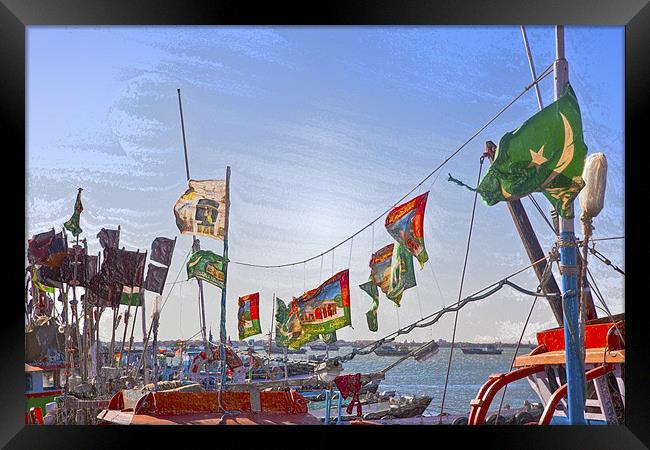 Flag waving boats at Bet Dwarka Framed Print by Arfabita  