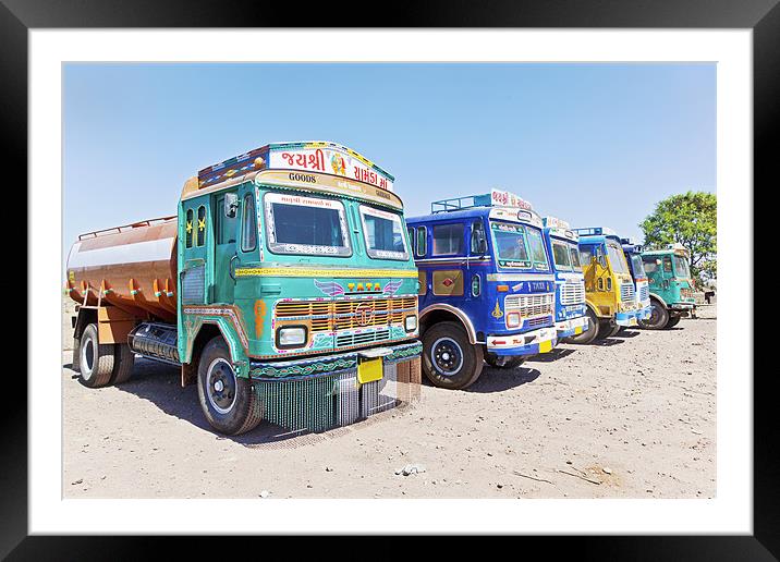 Colorful Indian trucks at a Dhabha Framed Mounted Print by Arfabita  