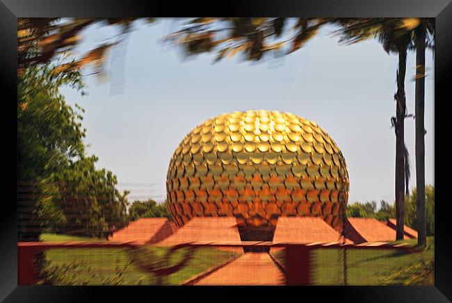 Matramandir Auroville from a moving bus Framed Print by Arfabita  