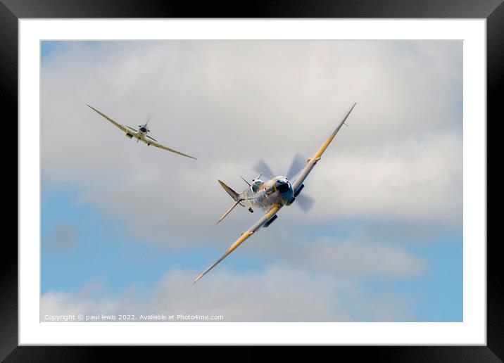 Two Spitfires in flight Framed Mounted Print by paul lewis