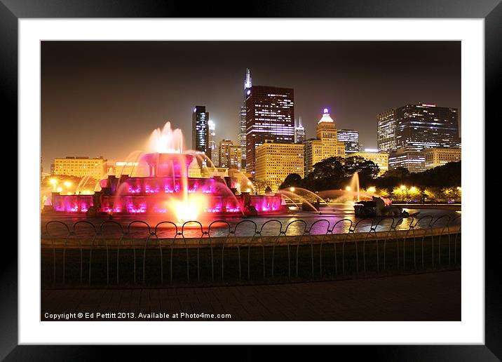 Buckingham Fountain Lights, Chicago Framed Mounted Print by Ed Pettitt