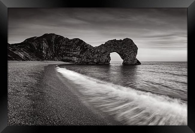 Durdle Door Sunset Wave Monochrome Framed Print by Ashley Chaplin