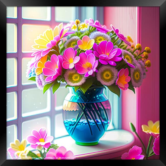 A Beautiful Vase of Flowers catching the sunlight on a windowsill. Framed Print by Mike Shields