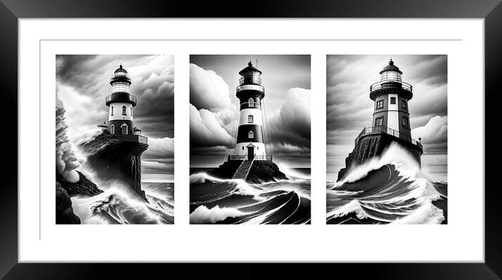 Three Monochrome Lighthouses Framed Mounted Print by Mike Shields
