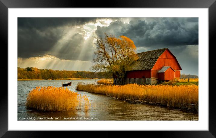Sun Streaks and a Red Barn Framed Mounted Print by Mike Shields