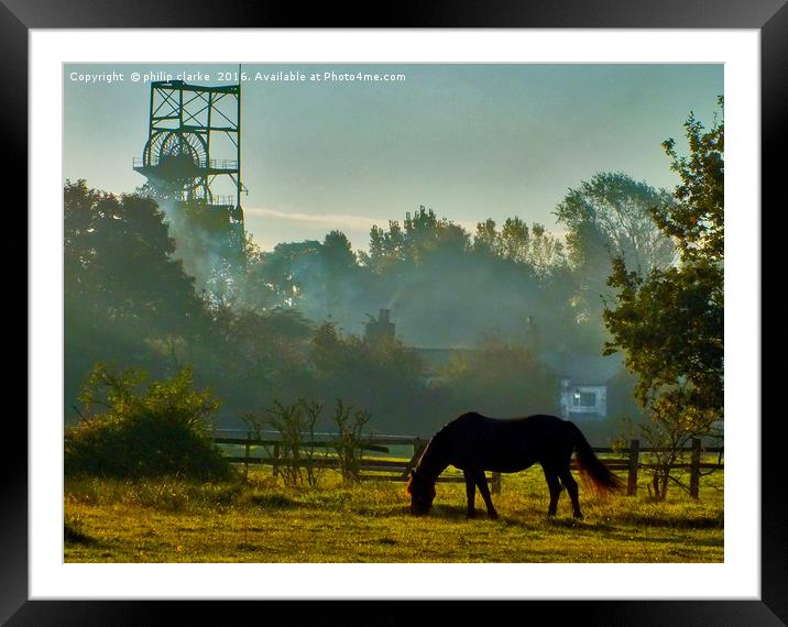 Horse Grazing in Early Morning Mist Framed Mounted Print by philip clarke