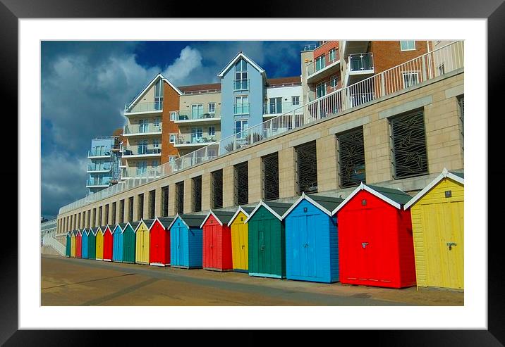 BEACH HUTS BOSCOMBE Framed Mounted Print by Anthony Kellaway