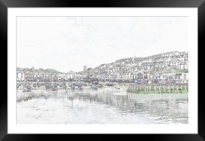 Brixham harbour pencil effect Framed Mounted Print by Anthony Kellaway