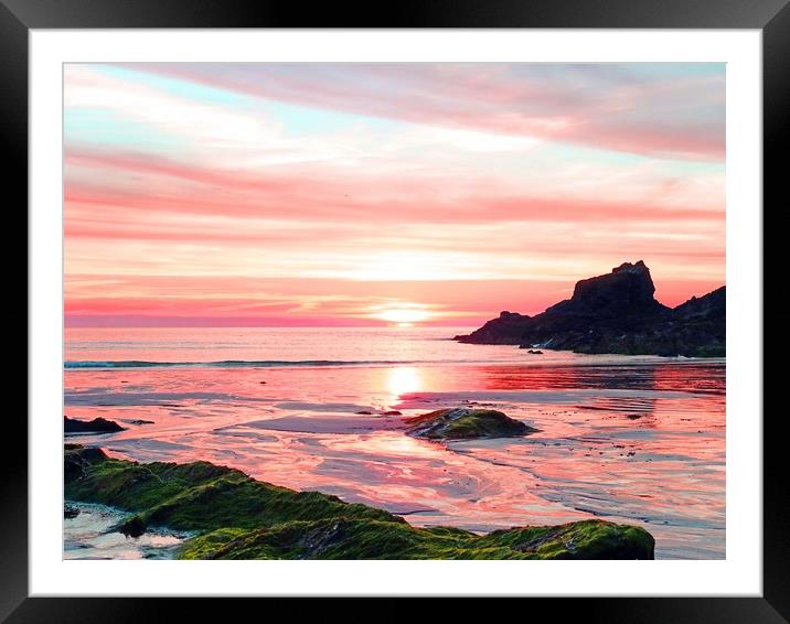         TREVONE BEACH  SUNSET                      Framed Mounted Print by Anthony Kellaway