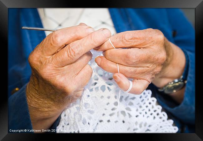 Elderly woman crocheting Framed Print by Kathleen Smith (kbhsphoto)