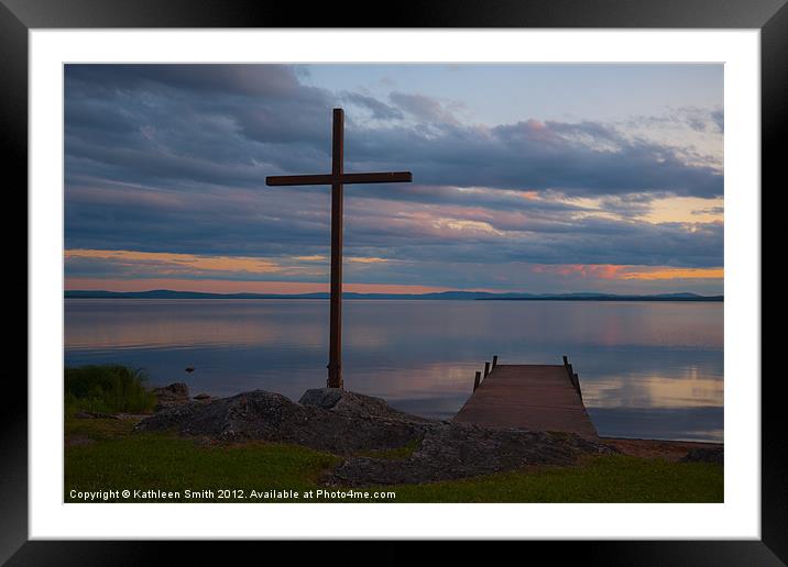Cross by jetty at sunset Framed Mounted Print by Kathleen Smith (kbhsphoto)