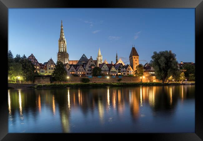 danube river and the Ulm Minster at dusk Framed Print by peter schickert