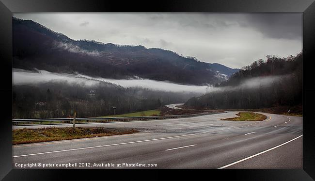 Foggy Mountain Road Framed Print by peter campbell