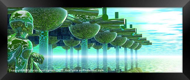 Panoramic Green City and Alien or Future Human Framed Print by Nicholas Burningham