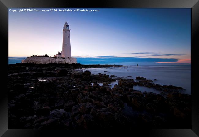 St Marys Lighthouse & Rocks Framed Print by Phil Emmerson