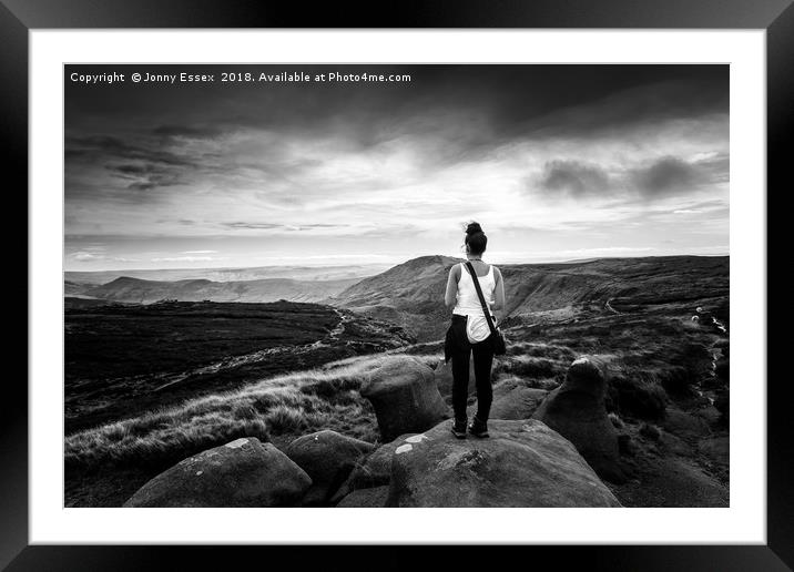 A women stands on top of a mountain, Kinder Scout Framed Mounted Print by Jonny Essex