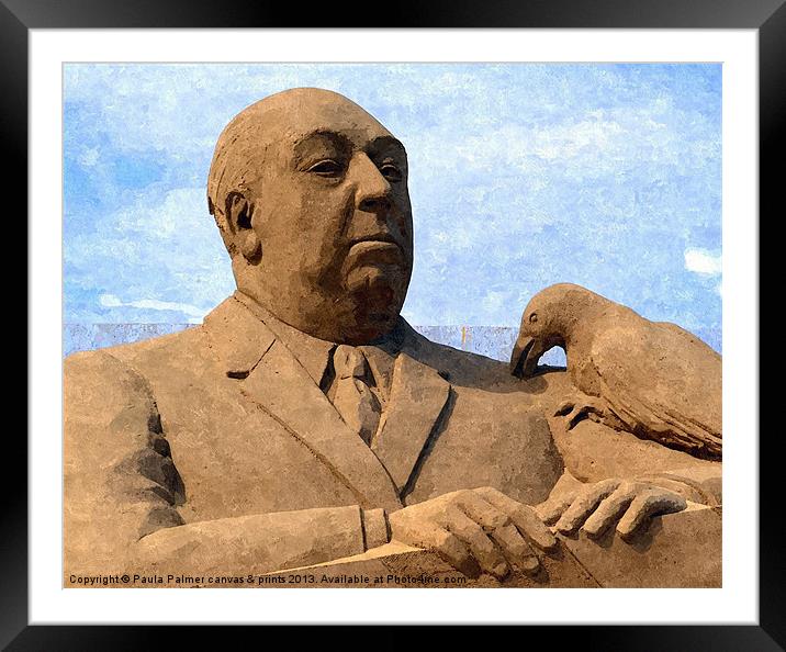 Sand sculpture of Alfred Hitchcock Framed Mounted Print by Paula Palmer canvas