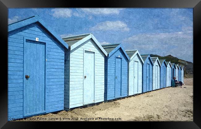 Charmouth beach huts Framed Print by Paula Palmer canvas