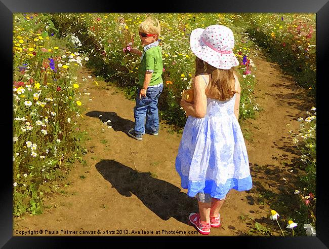 Children in the wildflower meadow Framed Print by Paula Palmer canvas