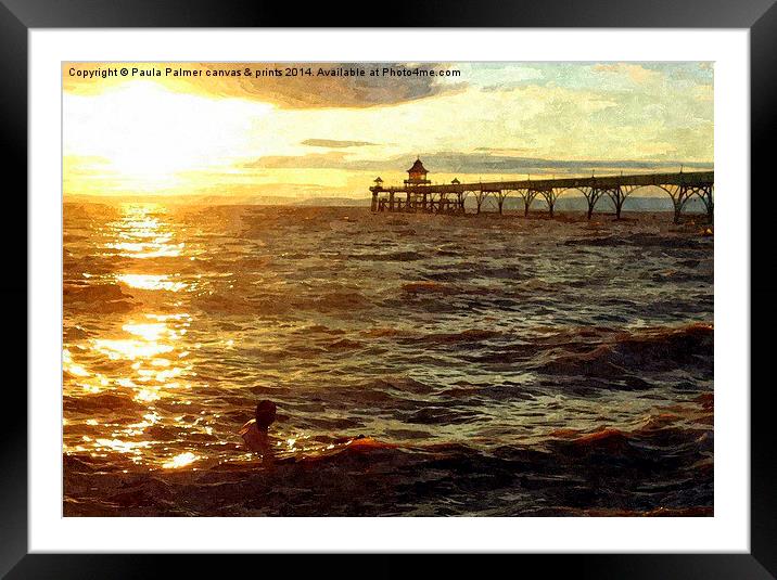  Sunset swim off Clevedon Pier,Somerset Framed Mounted Print by Paula Palmer canvas