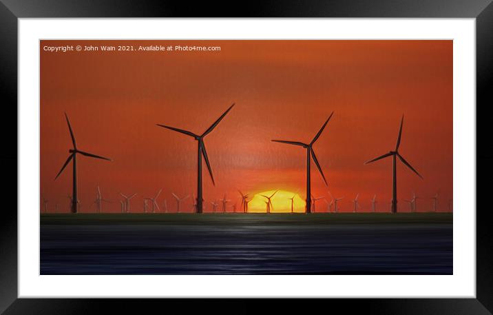 Windmills at sunset (Digital Art) Framed Mounted Print by John Wain
