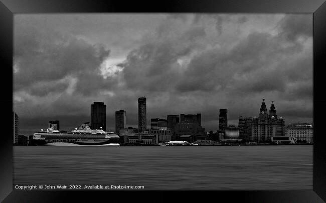 Liverpool Waterfront Skyline (Black and White) Framed Print by John Wain