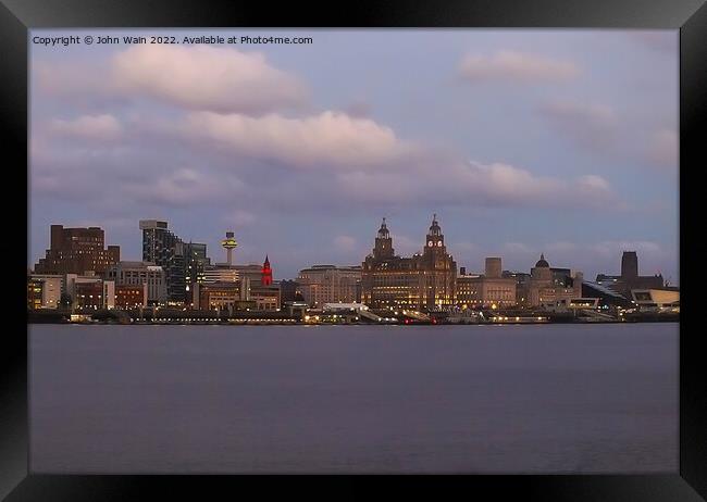 Liverpool Waterfront Skyline at night Framed Print by John Wain