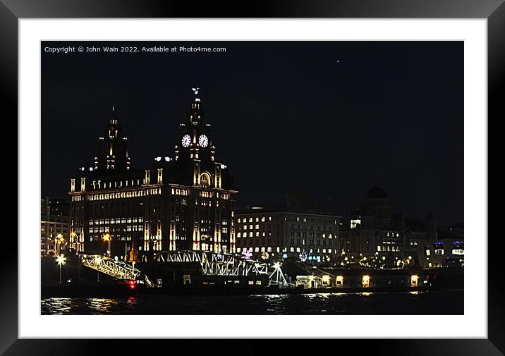 Liverpool's Three Graces at night Framed Mounted Print by John Wain