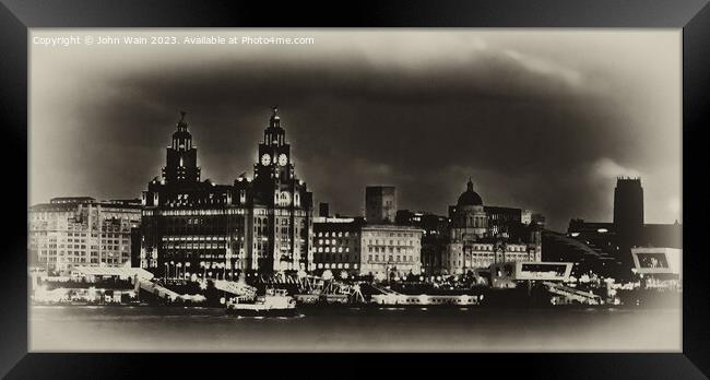 Liverpools Three Graces at night Framed Print by John Wain