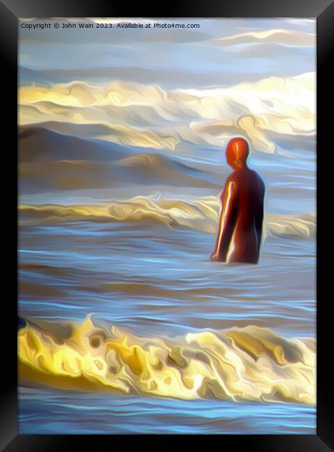 Heavy sea and a Gormley Iron man(Digital Painting) Framed Print by John Wain