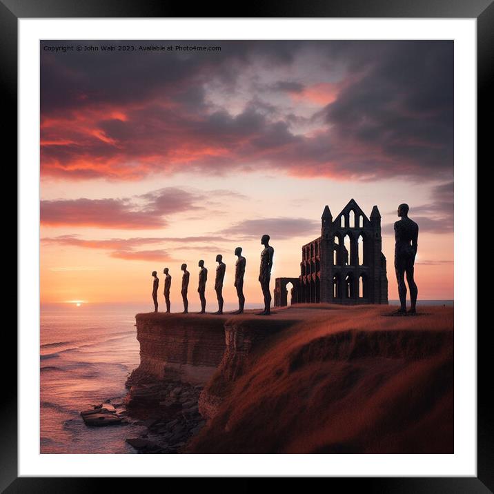 Gormley men and Whitby Abbey (AI Generated) Framed Mounted Print by John Wain