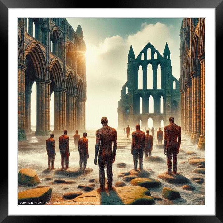 Gormley men and Whitby Abbey (AI Generated) Framed Mounted Print by John Wain