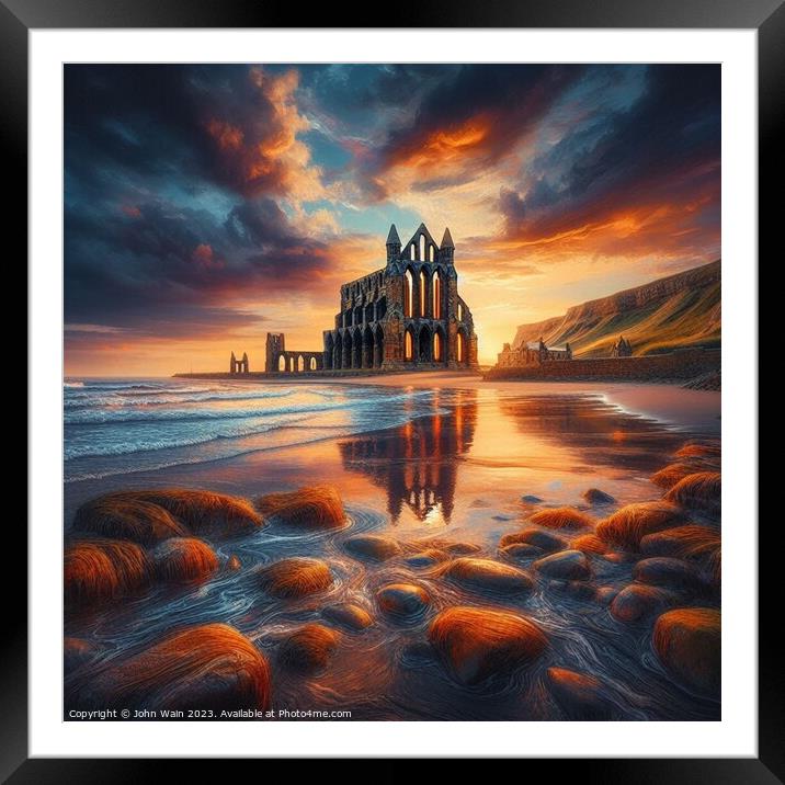 Whitby Abbey on the beach (AI Generated) Framed Mounted Print by John Wain