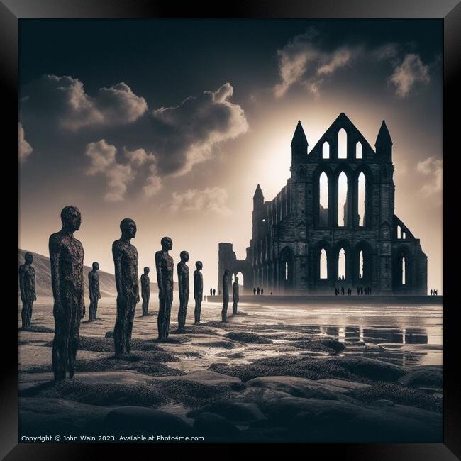 Gormley men and Whitby Abbey (AI Generated) Framed Print by John Wain