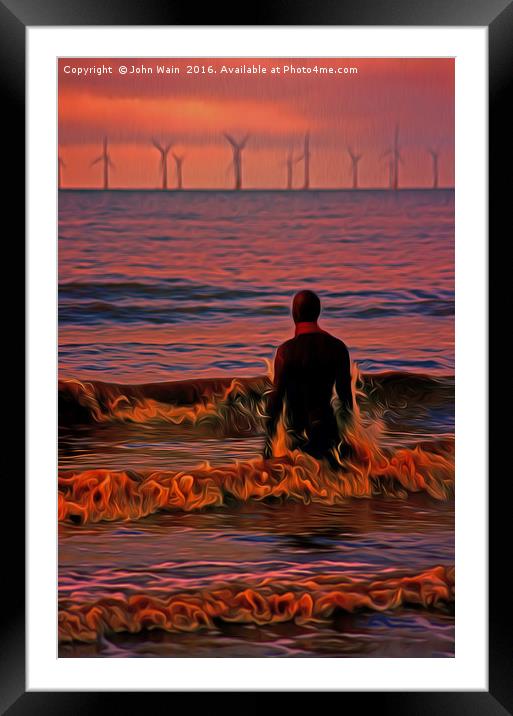 In the surf at Sunset Framed Mounted Print by John Wain