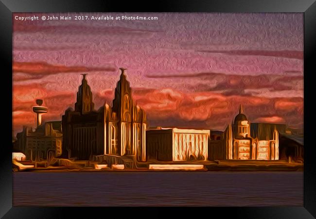 Liverpool Waterfront at Sunset (Digital Art) Framed Print by John Wain