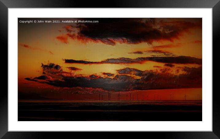 Windmills at sunset (Digital Art) Framed Mounted Print by John Wain