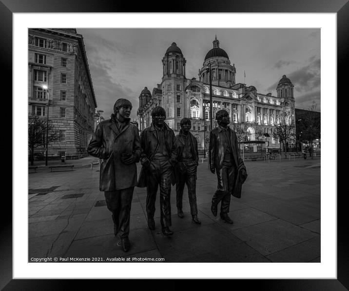 Beatles Statue, black and white. Framed Mounted Print by Paul McKenzie