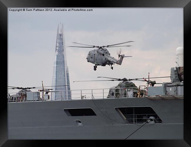HMS Ocean,the Shard and a helicopter. Framed Print by Sam Pattison